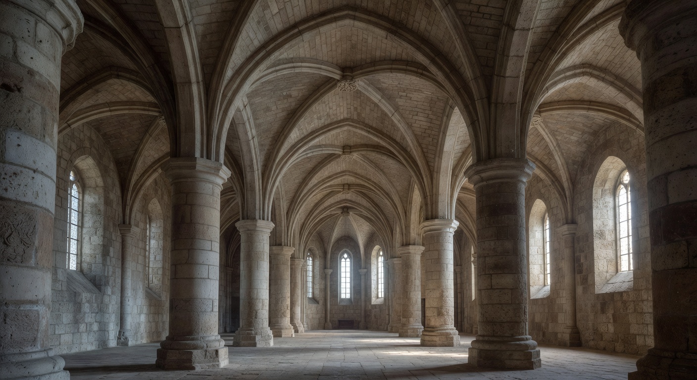 Details architecturaux de l'Abbaye de la Rochette : arcades medievales, pierres sculptees et voutes anciennes