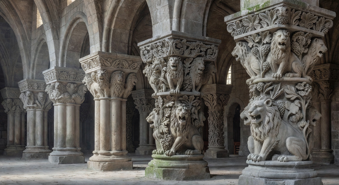 Chapiteaux histories d'une eglise romane en Savoie representant des motifs vegetaux et des figures bibliques