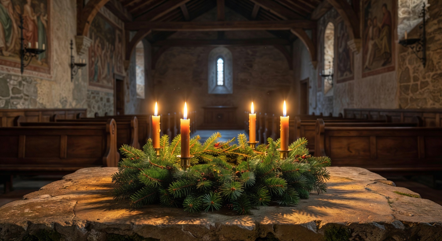Couronne de l'Avent avec quatre bougies allumees dans une eglise savoyarde decoree de branches de sapin