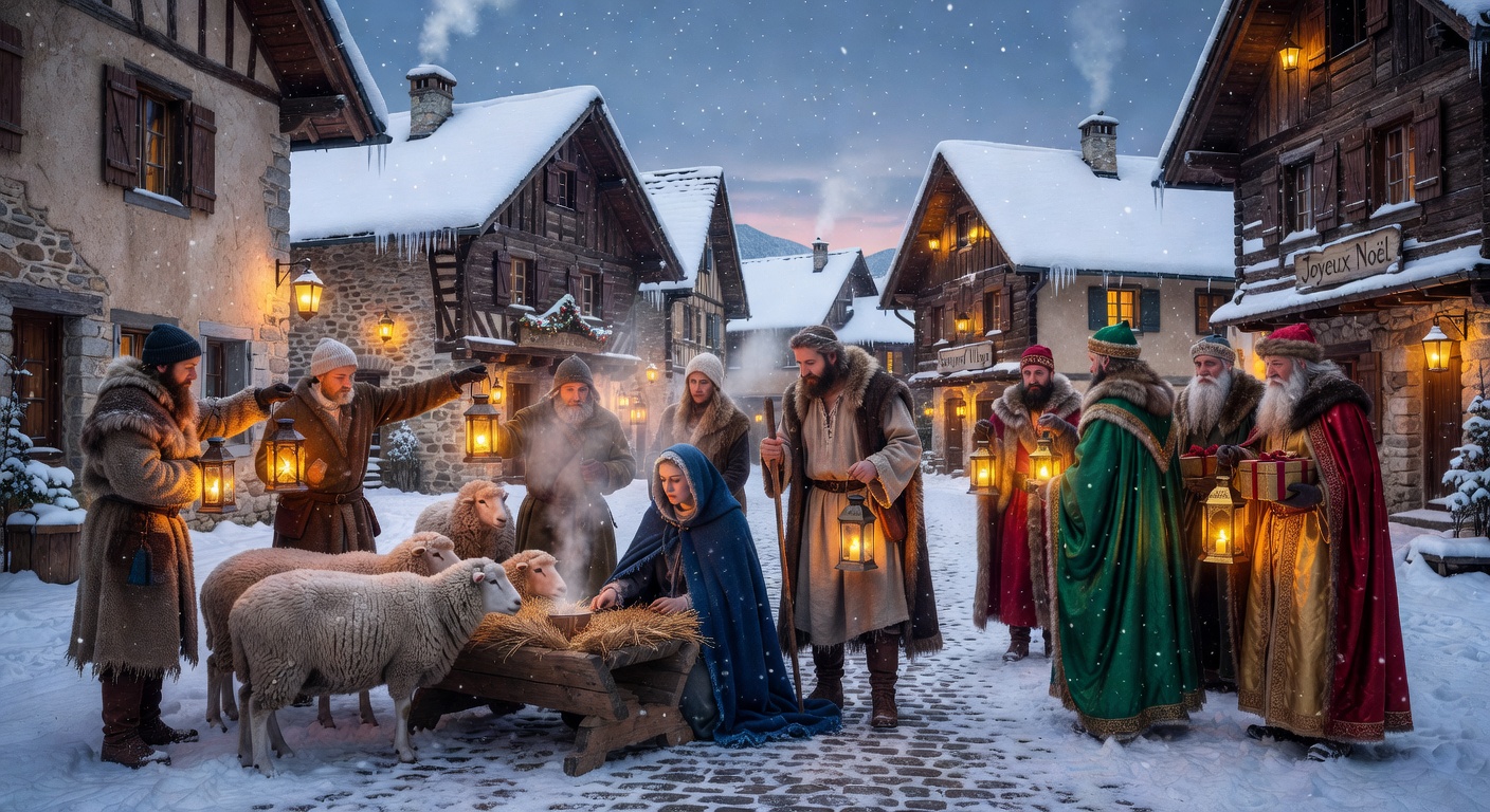 Creche vivante dans une eglise de village savoyard avec des enfants costumes en bergers et anges