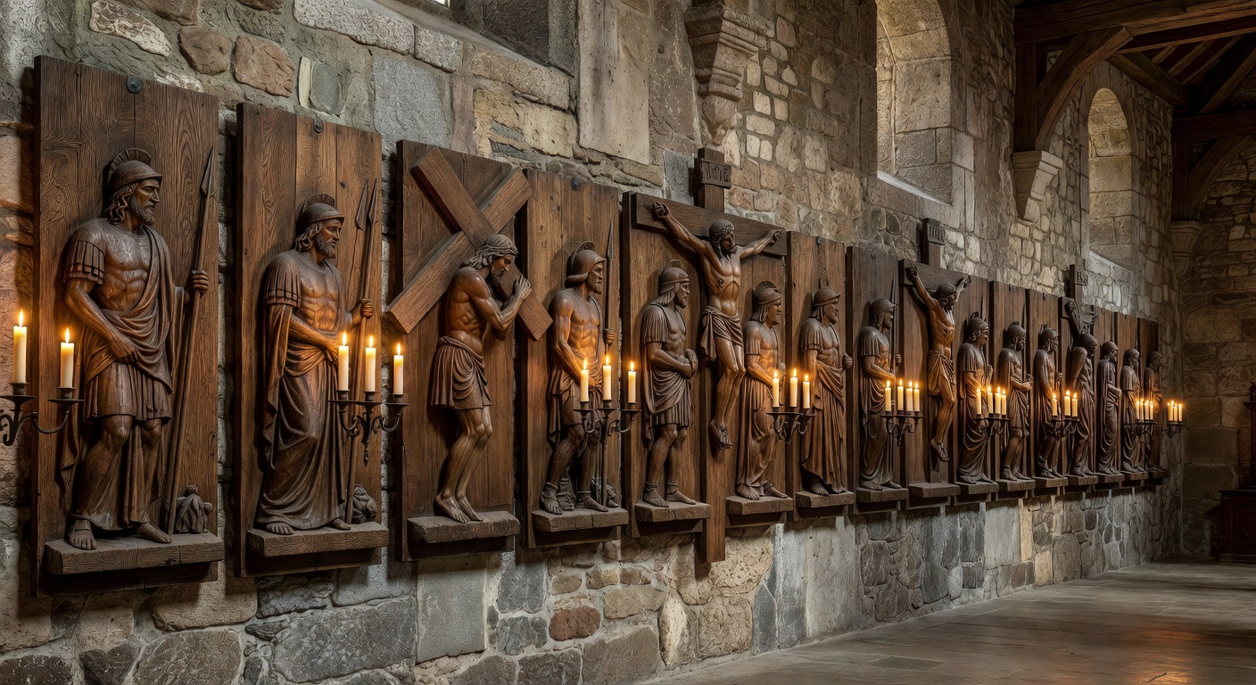 Chemin de croix en plein air dans les montagnes de Savoie avec des fideles en priere devant une station