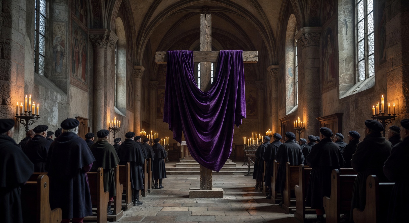 Procession du Vendredi saint dans une eglise de Savoie avec croix et cierges