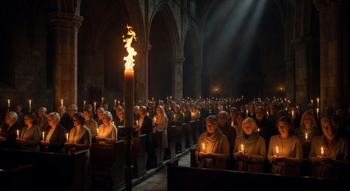 Vigile pascale dans une eglise de Savoie avec le cierge pascal allume et l'assemblee tenant des cierges