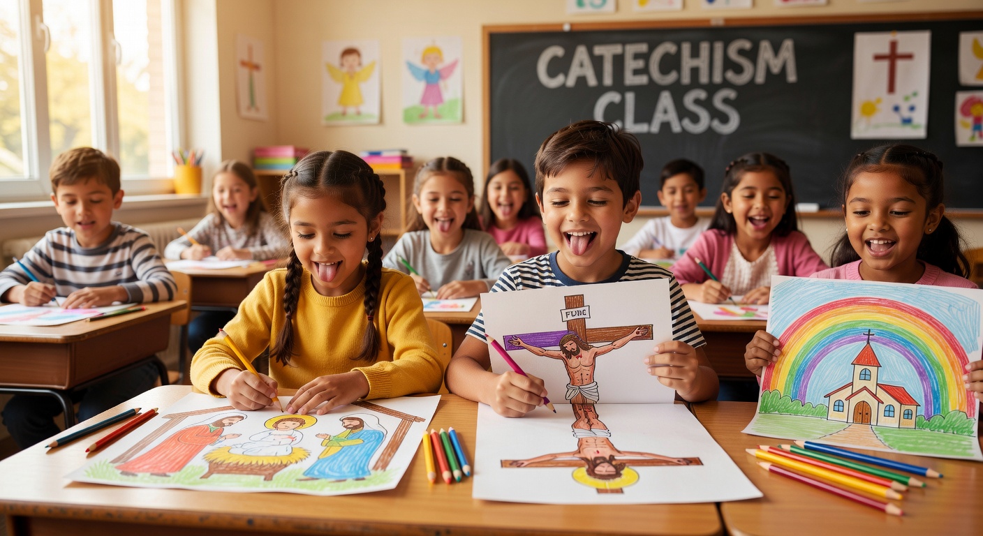 Groupe d'enfants decouvrant la Bible lors d'une seance de catechisme en paroisse