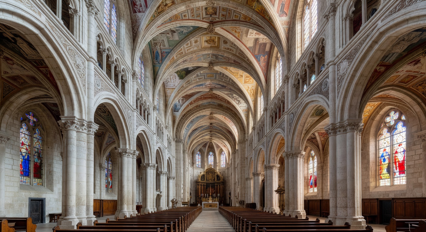 Nef de la cathedrale de Chambery avec ses peintures en trompe-l'oeil et ses voutes gothiques decorees