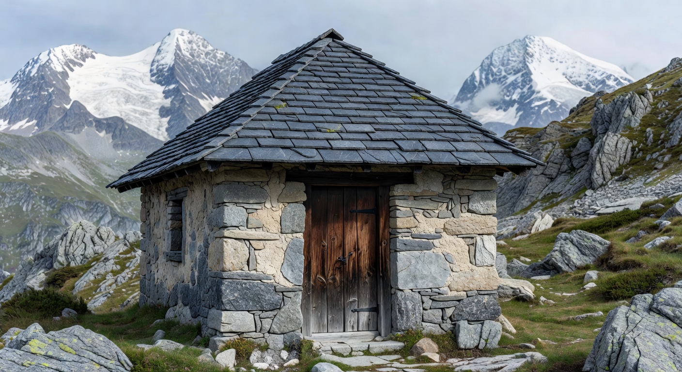 Detail architectural d'une chapelle alpine en pierre de lauze avec clocher a peigne en Maurienne