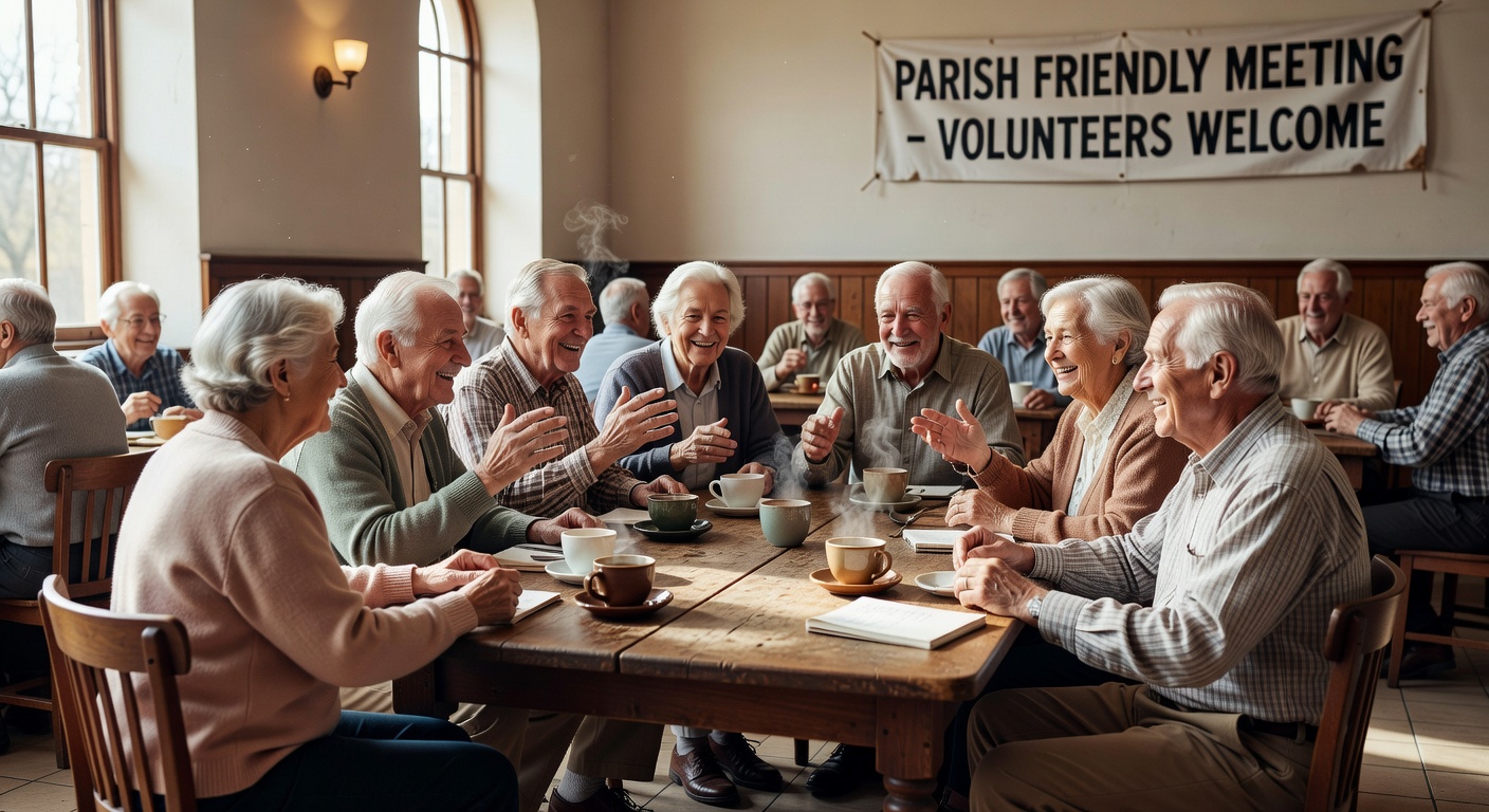 Equipe du MCR en reunion dans une salle paroissiale, partageant un temps de reflexion et de priere