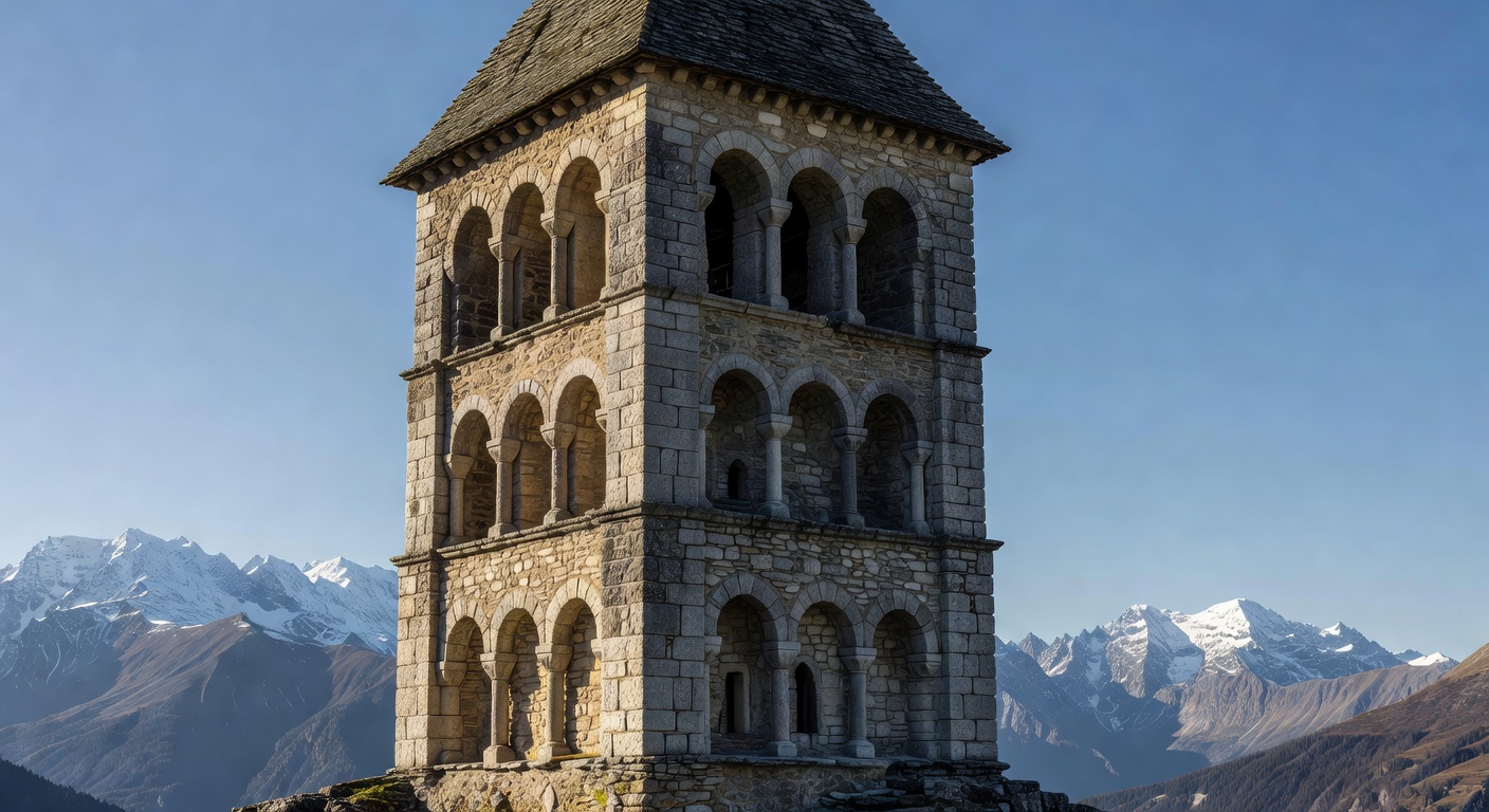 Detail d'un clocher lombard en Savoie avec ses bandes lombardes et arcatures aveugles en plein cintre
