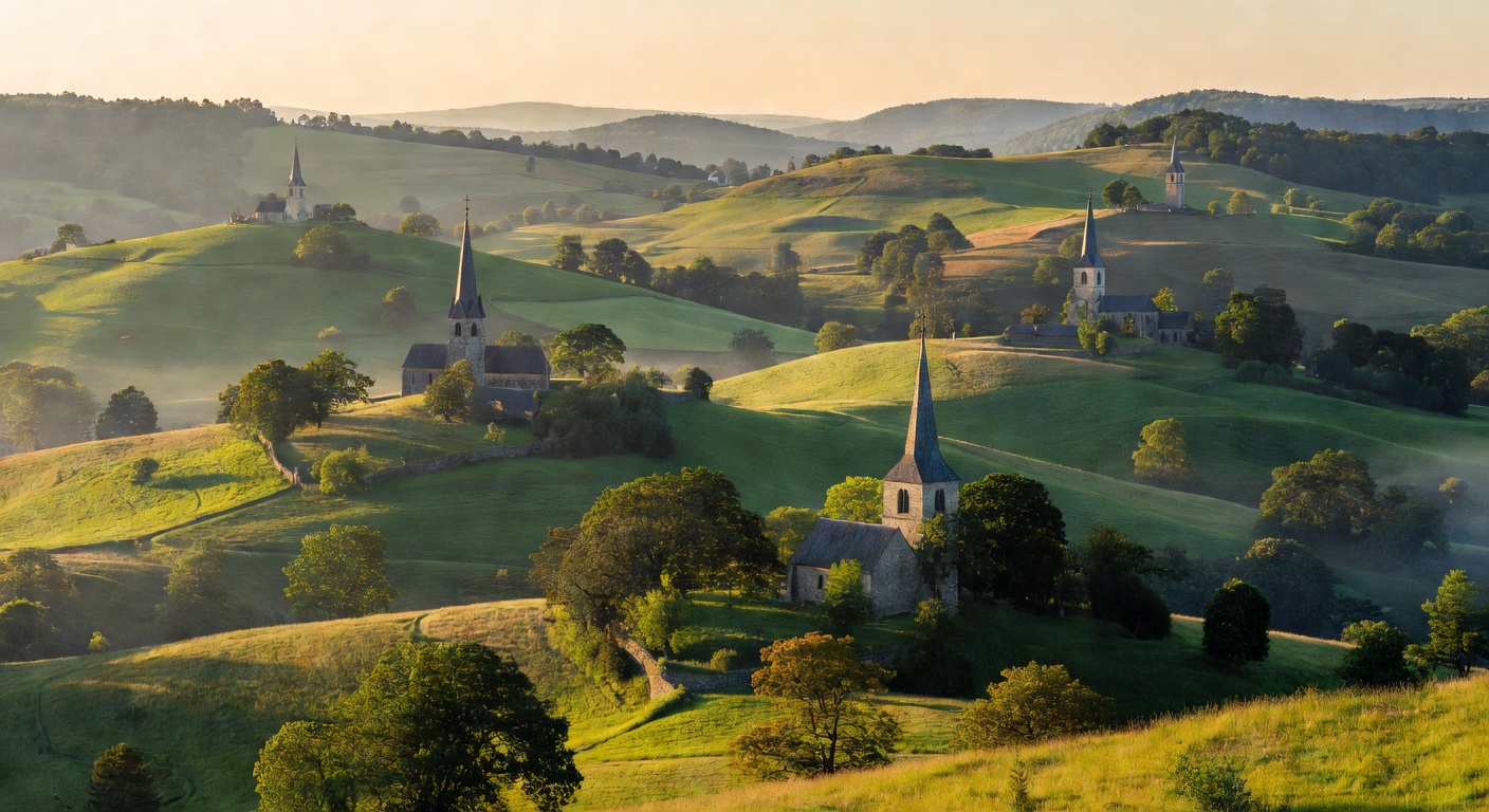 Clochers des eglises rurales de l'Avant-Pays savoyard vus depuis les collines
