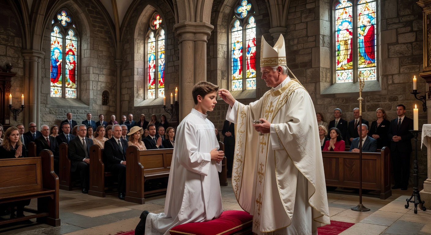 Eveque conferant le sacrement de la confirmation par l'onction du saint chreme dans une eglise savoyarde