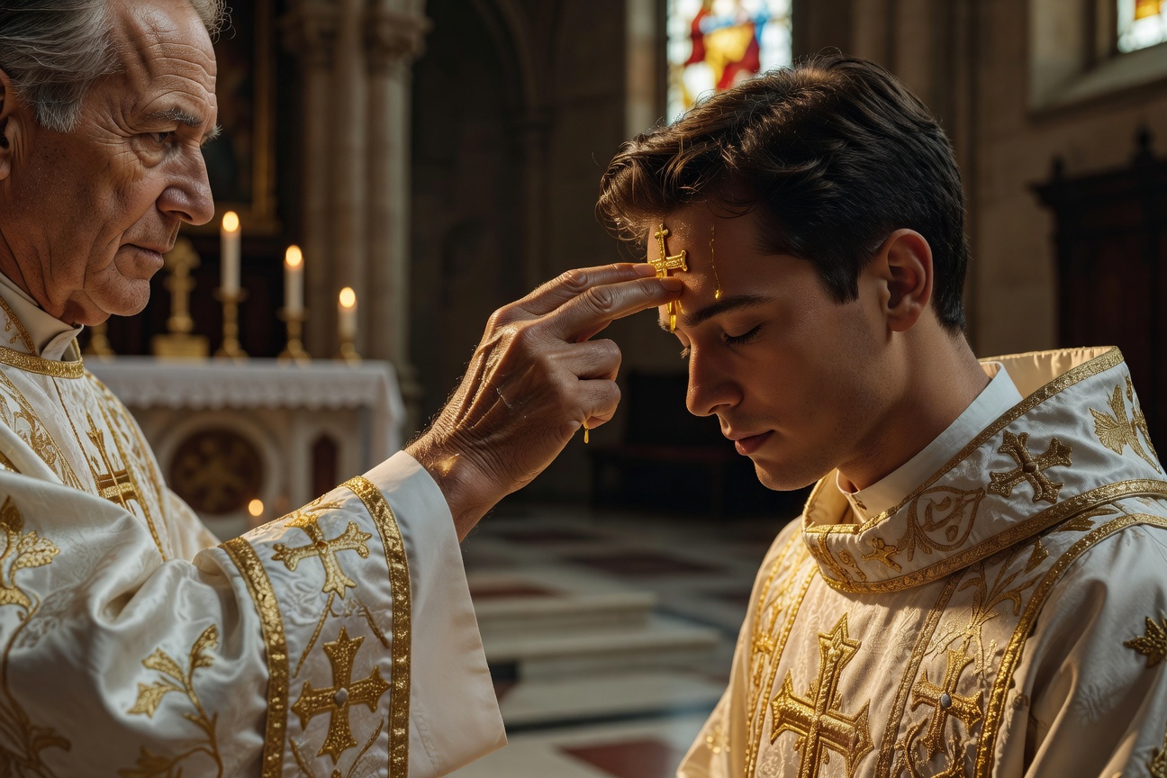 Celebration de la confirmation par un eveque dans une eglise savoyarde