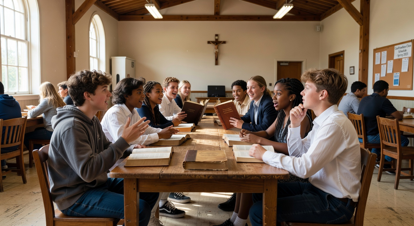 Groupe de jeunes en preparation a la confirmation lors d'une retraite spirituelle en Savoie