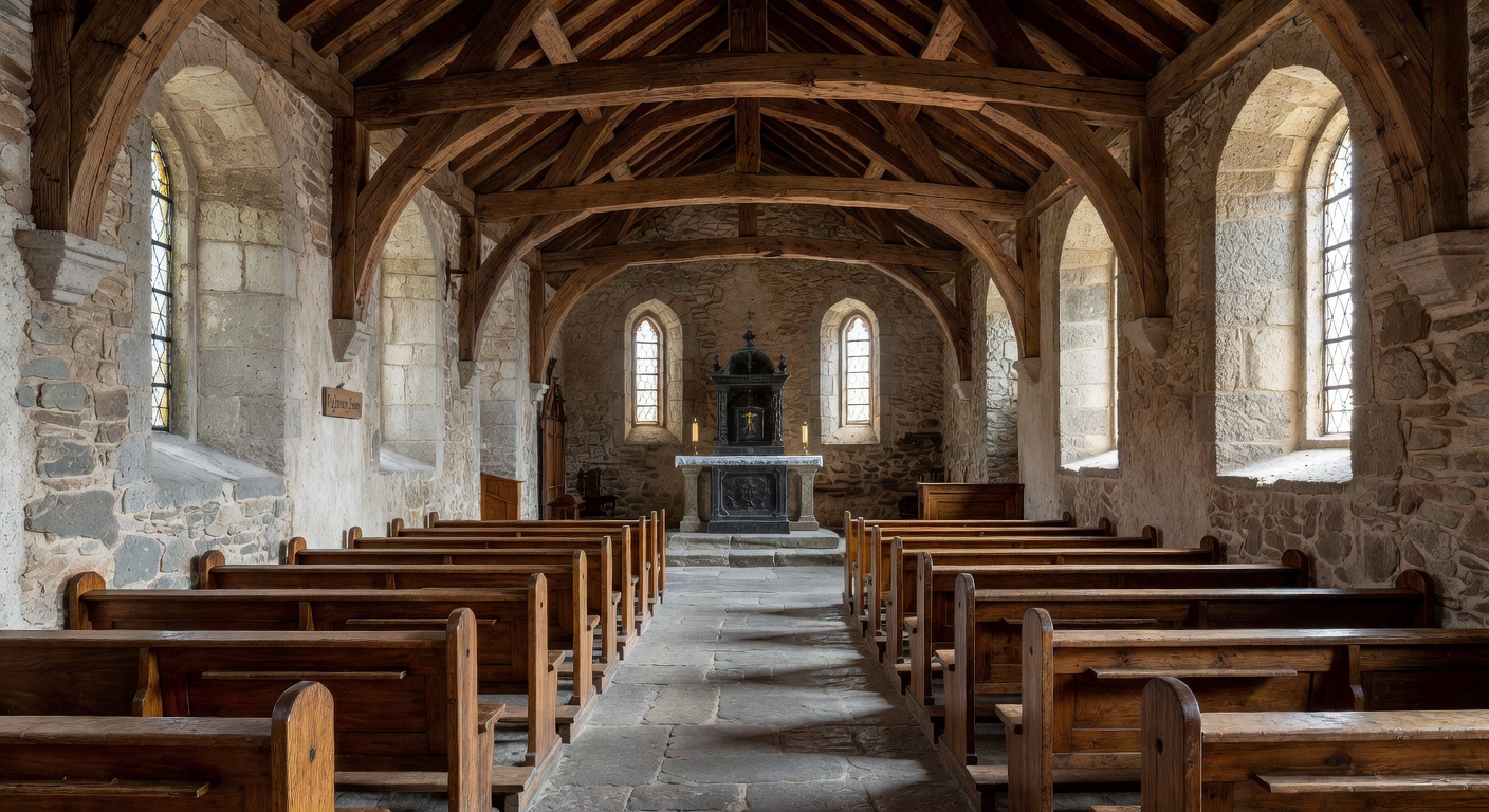 Interieur de l'eglise de Pont-de-Beauvoisin avec ses voutes en croisee d'ogives et ses vitraux colores
