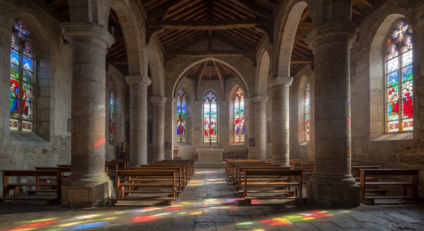La nef de l'eglise de Saint-Genix-sur-Guiers avec ses voutes gothiques et ses bancs en bois
