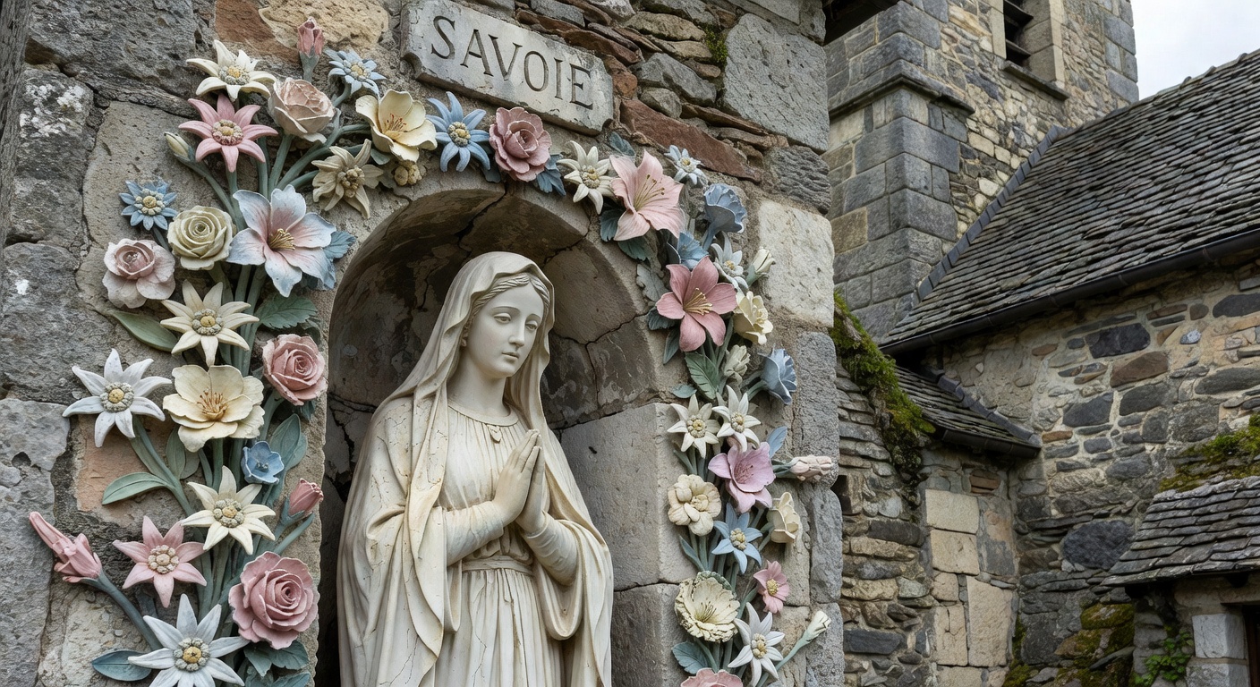 Statue de la Vierge a l'Enfant en bois polychrome dans l'eglise de Sainte-Marie-d'Alvey