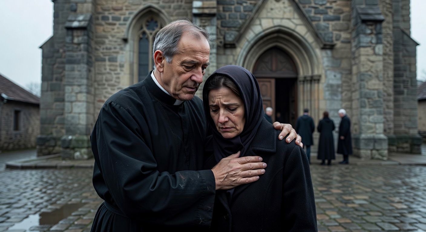 Assemblee en priere lors d'une celebration funeraire dans une eglise de village en Savoie