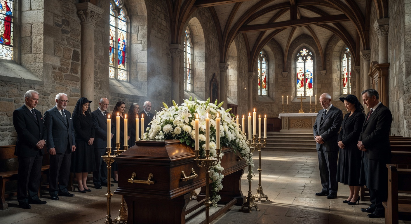 Interieur d'une eglise savoyarde preparee pour une celebration funeraire avec cierge pascal et fleurs blanches