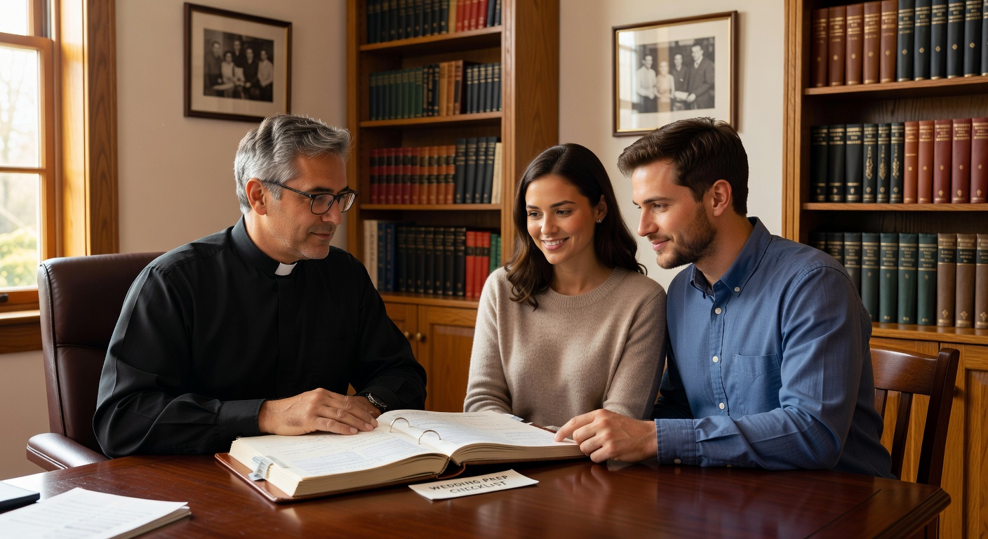 Couple en preparation au mariage dans une eglise savoyarde, en discussion avec le pretre
