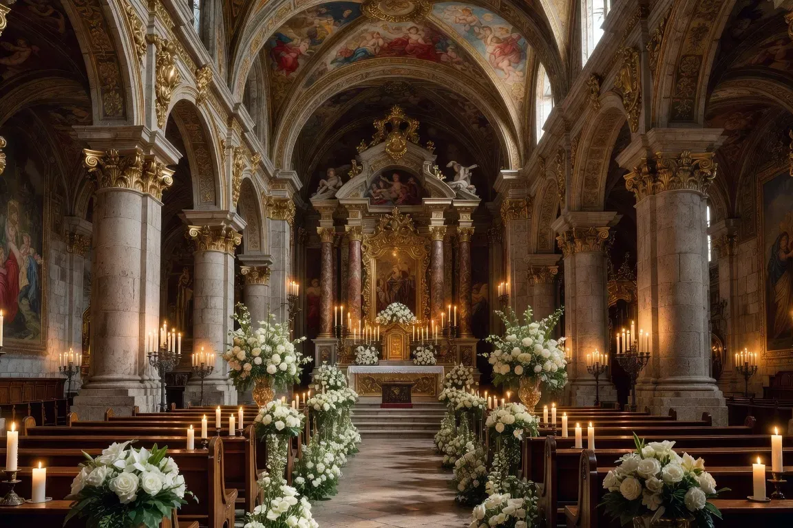 Interieur d'une église baroque de Savoie decoree pour un mariage avec retable dore et fleurs blanches