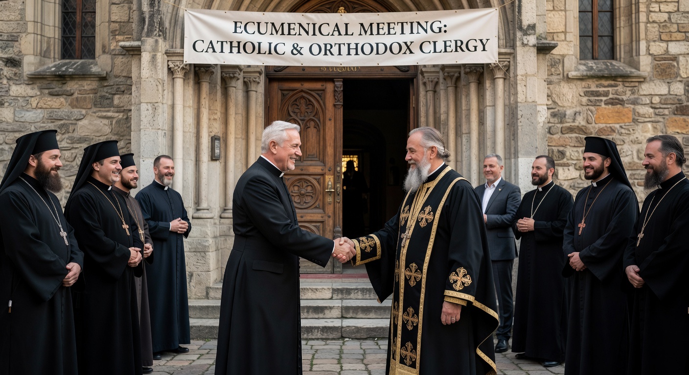 Rencontre oecumenique entre fideles catholiques et orthodoxes autour d'un repas fraternel en Savoie
