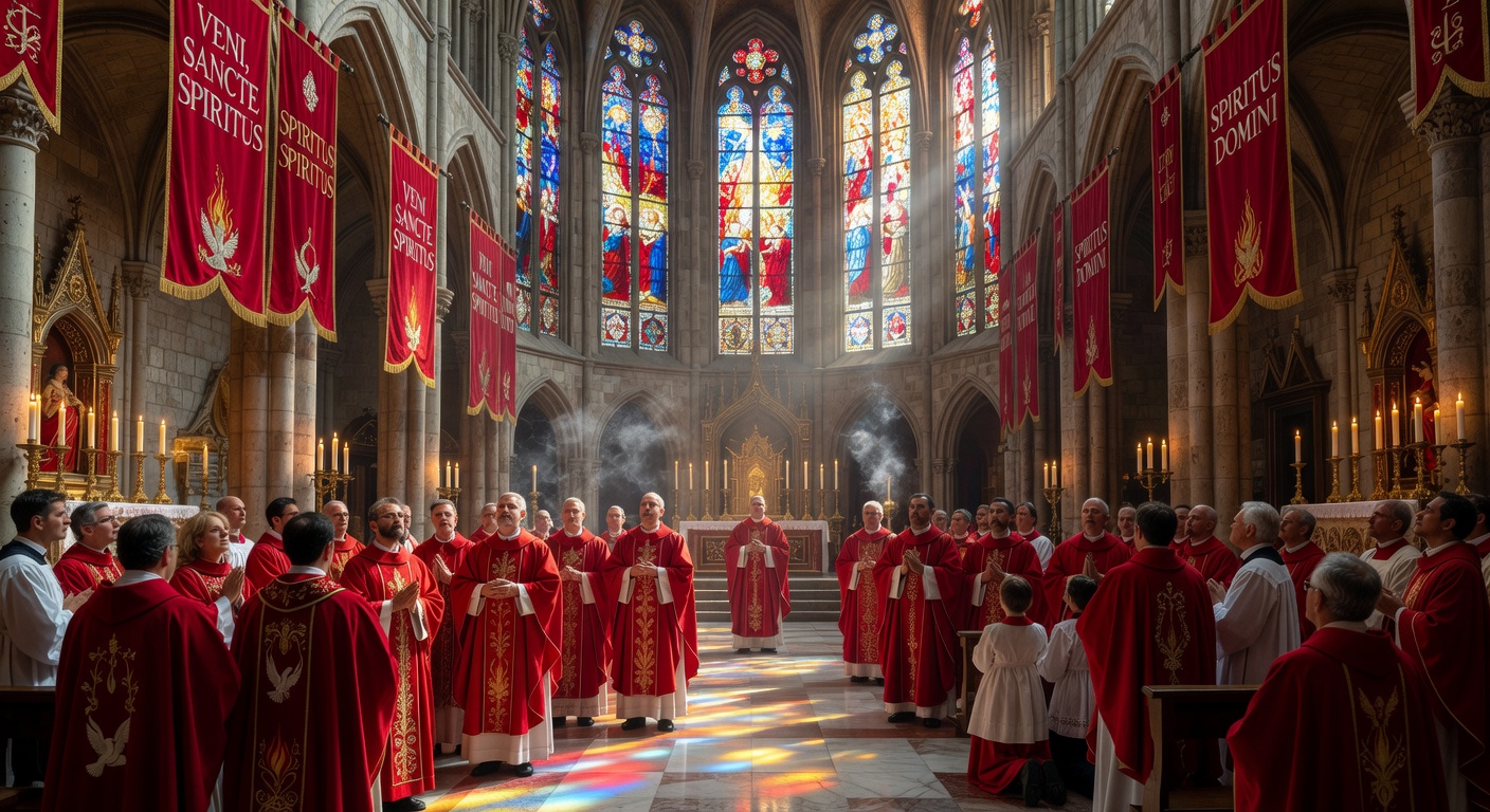 Eglise savoyarde decoree de fleurs pour la celebration pascale avec cierge pascal allume