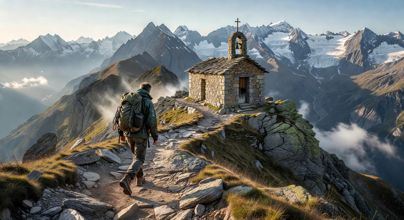 Sentier de pelerinage alpin en Savoie avec une croix de chemin en pierre et des sommets enneiges en fond