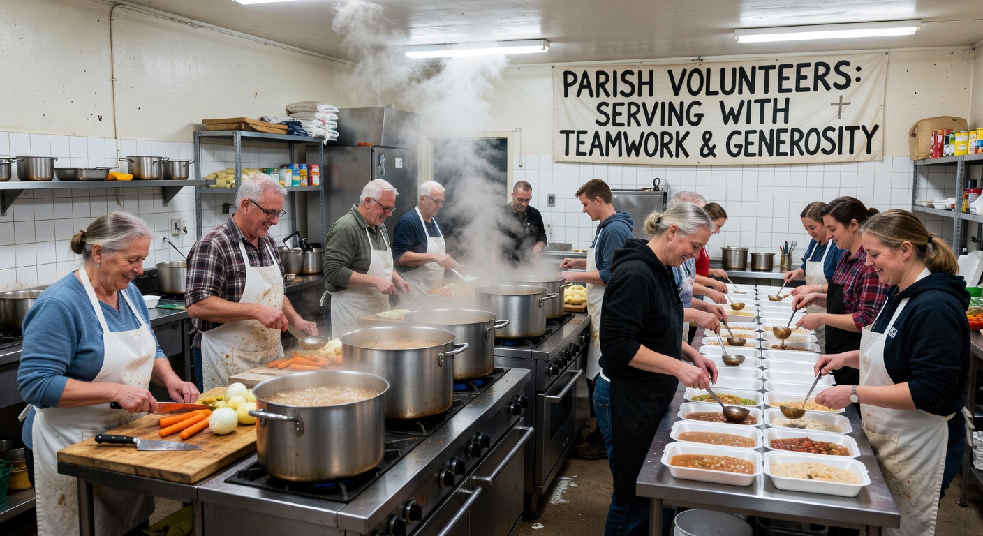 Equipe de benevoles paroissiaux preparant des colis alimentaires dans une salle communautaire en Savoie