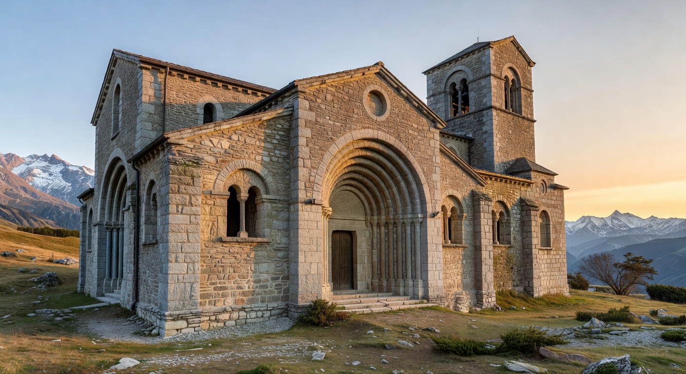 Eglise romane nichee dans un village de montagne en Savoie avec clocher lombard et paysage alpin