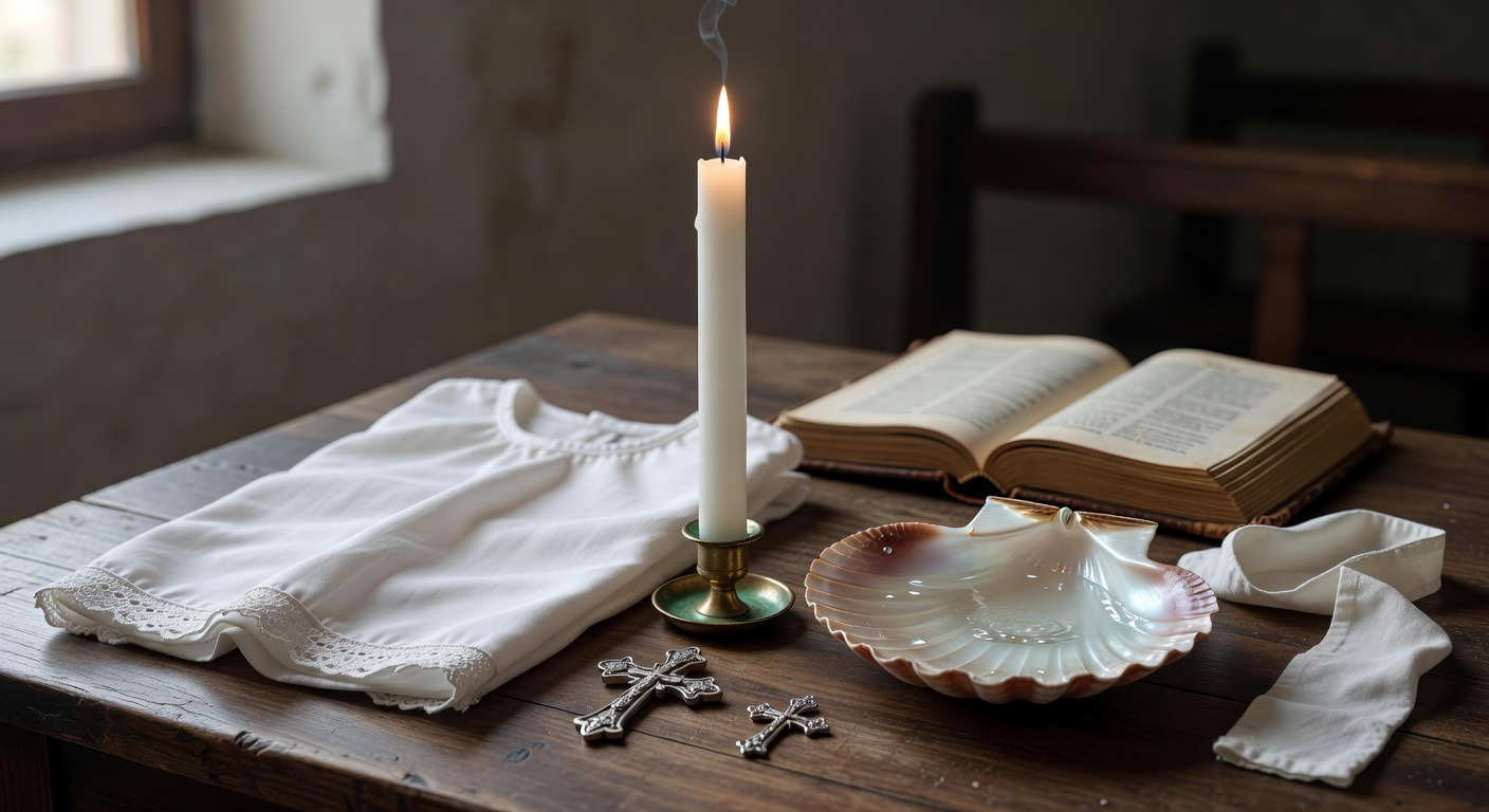 Cierge baptismal allume devant les fonts baptismaux d'une eglise savoyarde