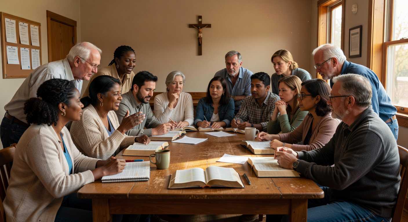 Adultes en cercle de discussion lors d'un parcours catechumenal dans une salle paroissiale