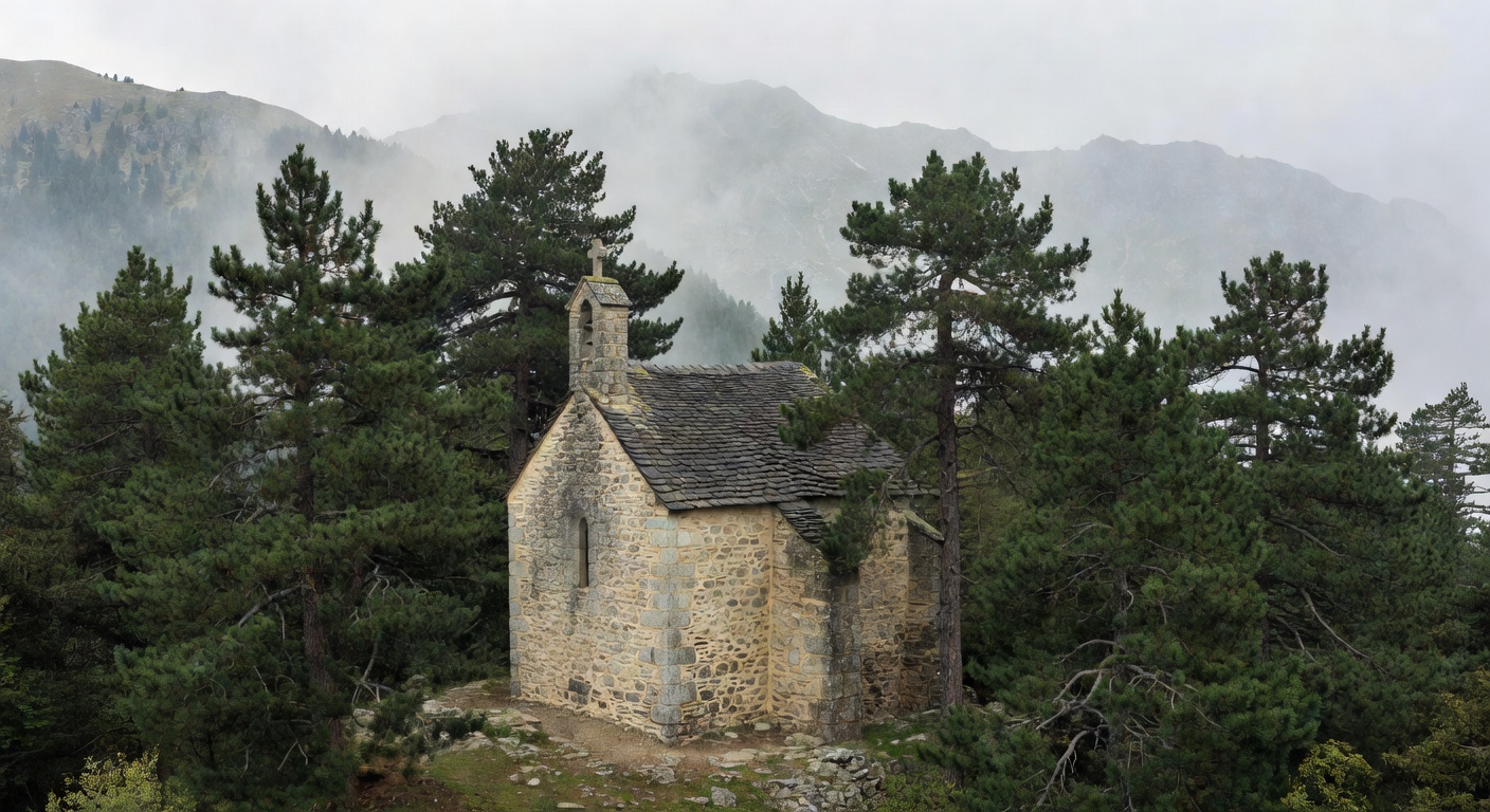 Chapelle en pierre au coeur du massif de la Chartreuse entouree de forets de sapins et de falaises calcaires