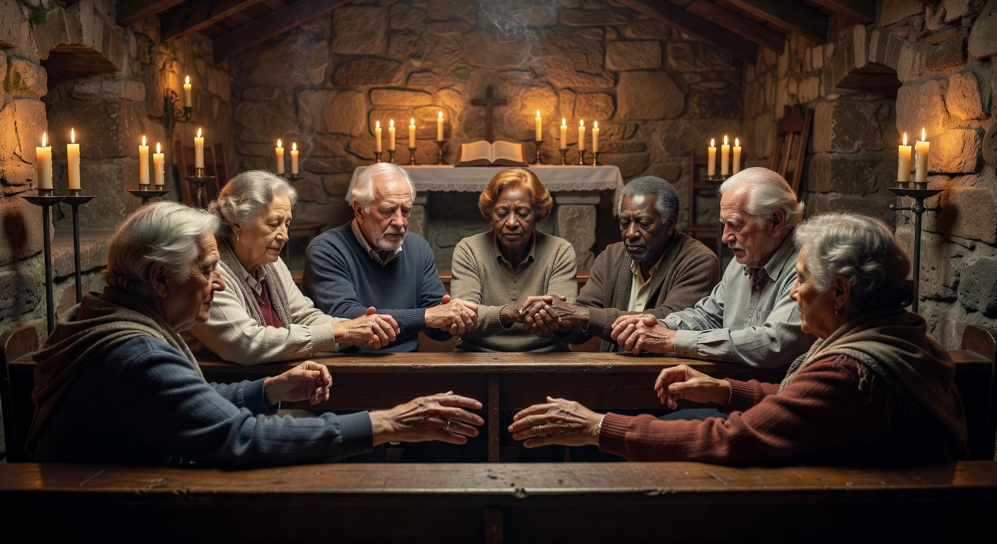 Chretiens retraites en priere dans une chapelle rurale de Savoie lors d'une retraite spirituelle