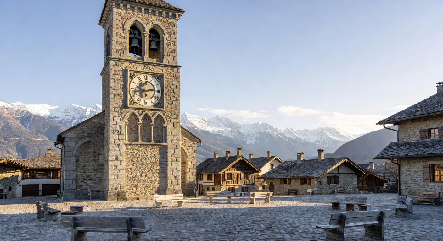 Clocher roman de l'eglise de Pont-de-Beauvoisin avec ses baies geminees et sa fleche en ardoises