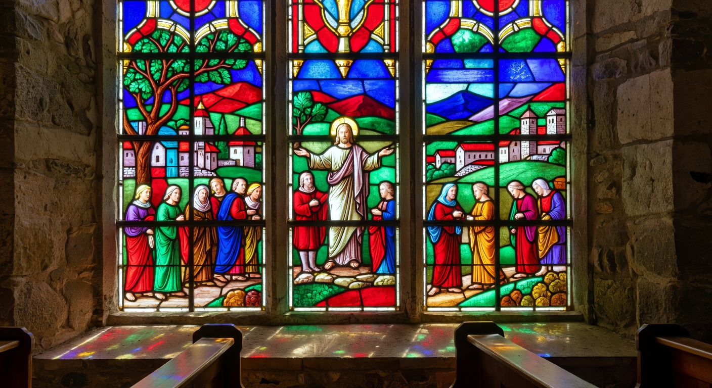 Detail d'un vitrail colore de l'eglise de Saint-Genix-sur-Guiers representant une scene biblique