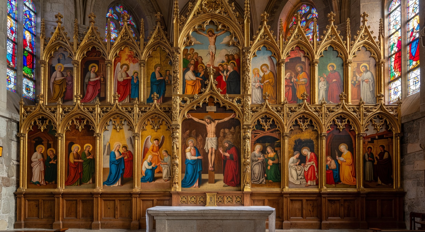 Retable baroque en bois dore de l'eglise de Sainte-Marie-d'Alvey avec ses colonnes torses