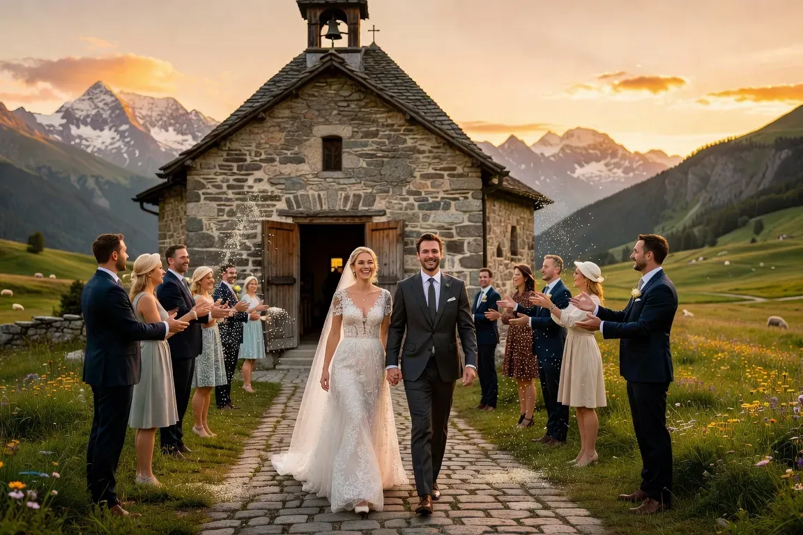 Cortege nuptial traversant un village savoyard de montagne avec arcs de verdure et musiciens
