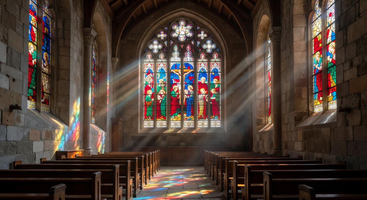 Rosace et vitraux du XIXe siecle dans une eglise de Savoie avec motifs geometriques et scenes de la vie des saints