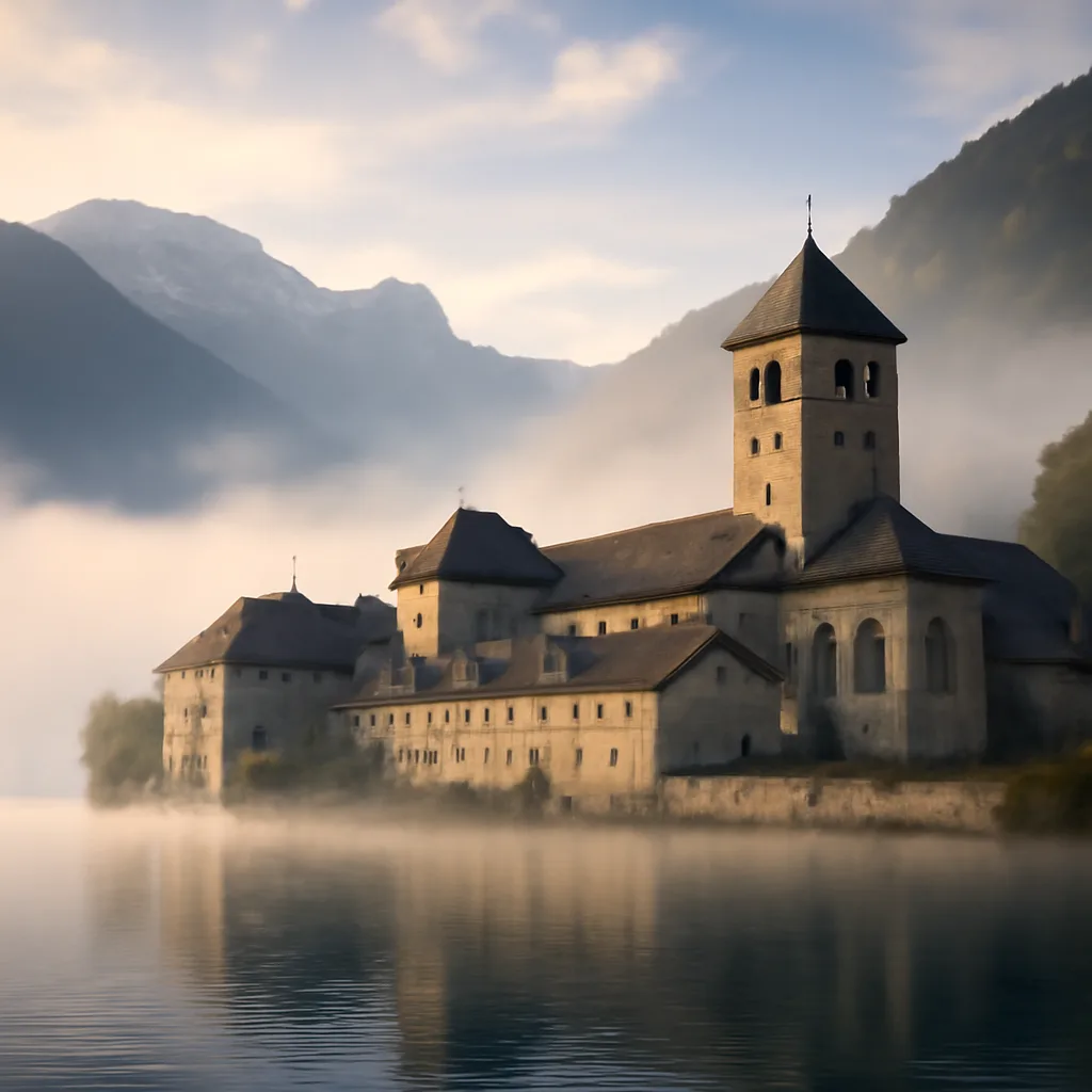 Abbaye au bord d'un lac alpin en Savoie, silhouette de bâtiments monastiques dans la lumière du matin