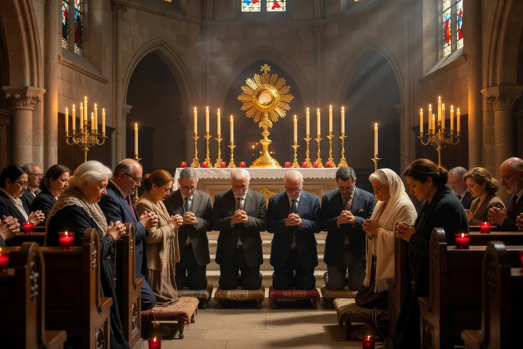 Ostensoir en or exposé sur l'autel d'une petite église de l'Avant-Pays savoyard, cierges et fleurs blanches