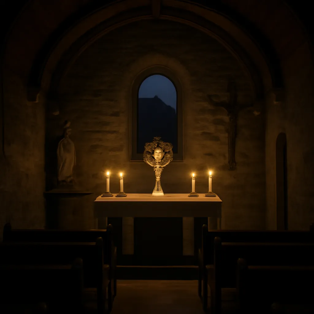 Fidèles agenouillés en prière silencieuse dans une église rurale de Savoie pendant une nuit d'adoration, chandelles allumées