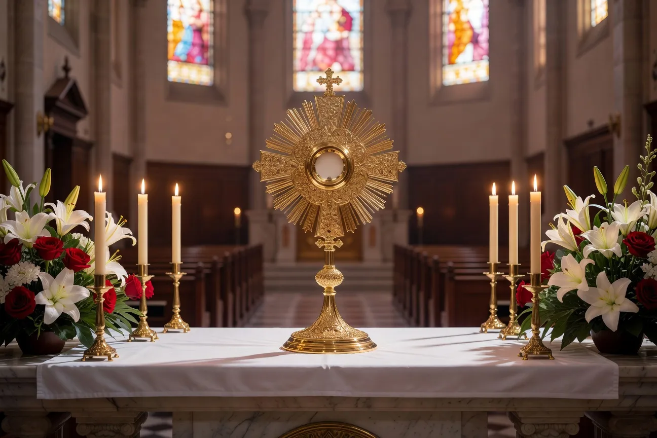 Ostensoir doré sur l'autel avec bougies et fleurs, atmosphère de chapelle d'adoration