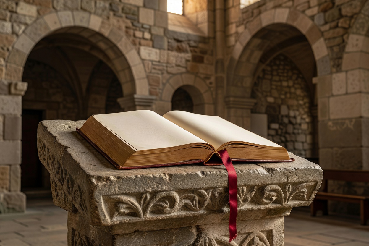 Lectionnaire ouvert sur l'ambon en pierre d'une église romane savoyarde, page marquée d'un ruban liturgique