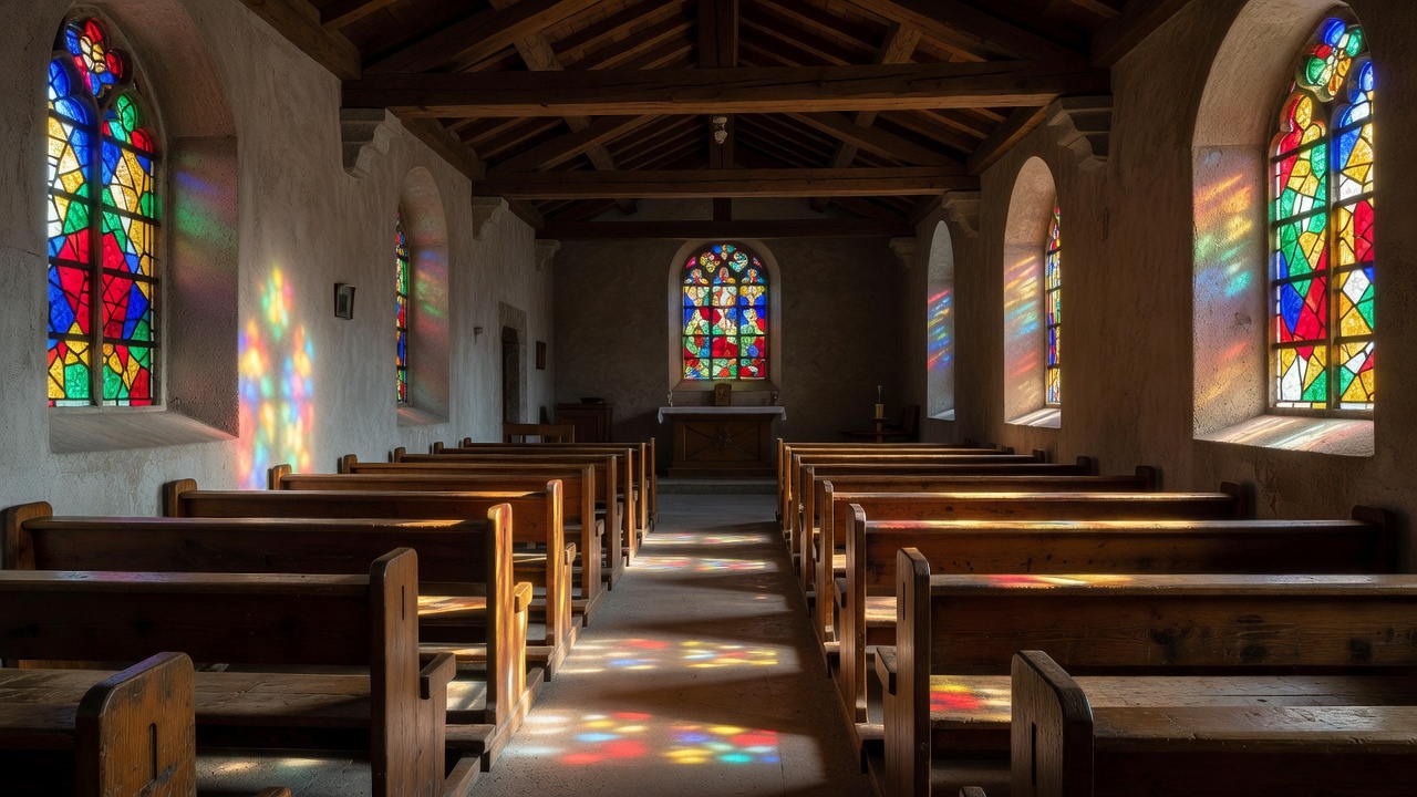 Vitraux colorés d'une église savoyarde projetant une lumière chatoyante sur les bancs vides pendant le temps ordinaire