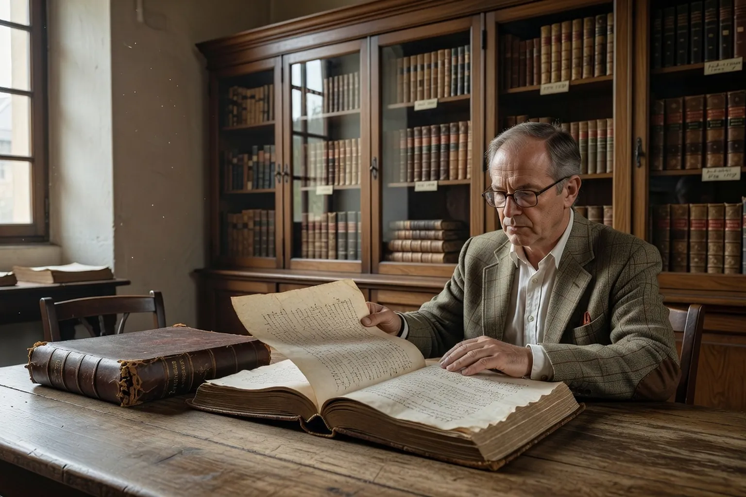 Salle de lecture des Archives diocésaines de Chambéry, chercheur consultant un registre paroissien ancien sous lumière naturelle