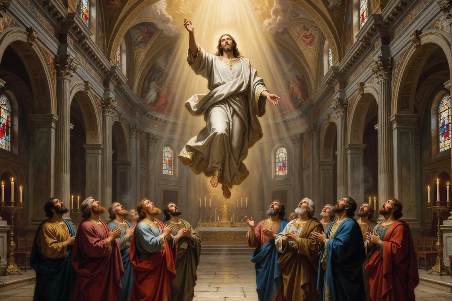 Représentation de l'Ascension du Christ, apôtres regardant vers le ciel, style classique, lumière céleste dans une église savoyarde
