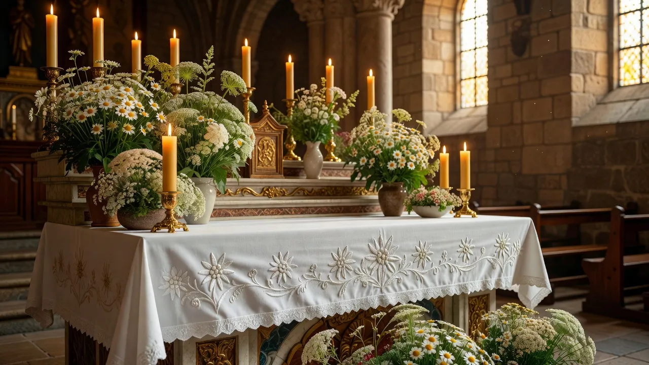 Autel orné de fleurs blanches et de cierges pour la messe de l'Assomption dans une église savoyarde