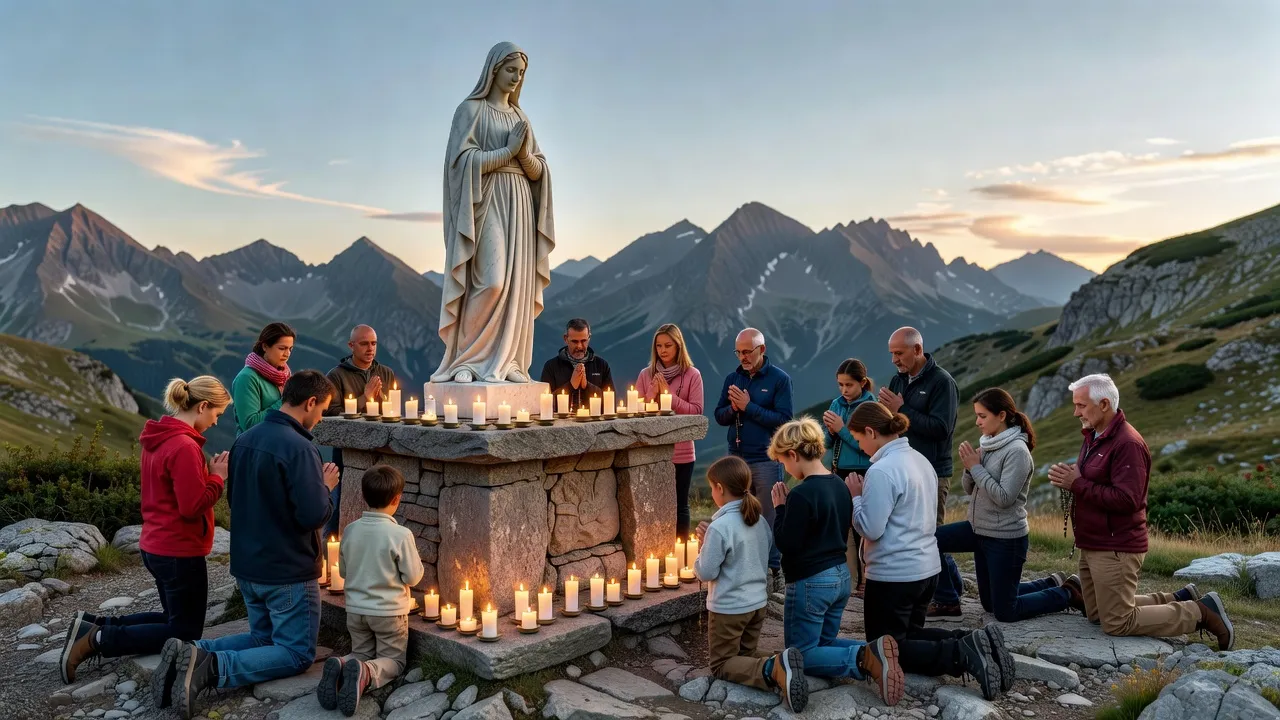 Sanctuaire marial de montagne en Savoie avec statue de la Vierge et pèlerins en prière silencieuse