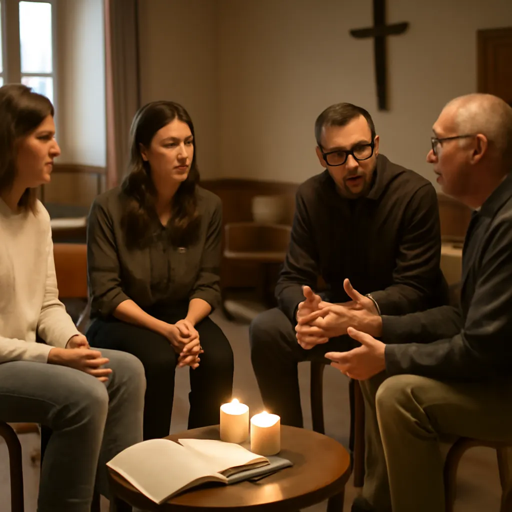 Petit groupe de catéchumènes réunis en cercle avec une Bible ouverte dans une salle paroissiale