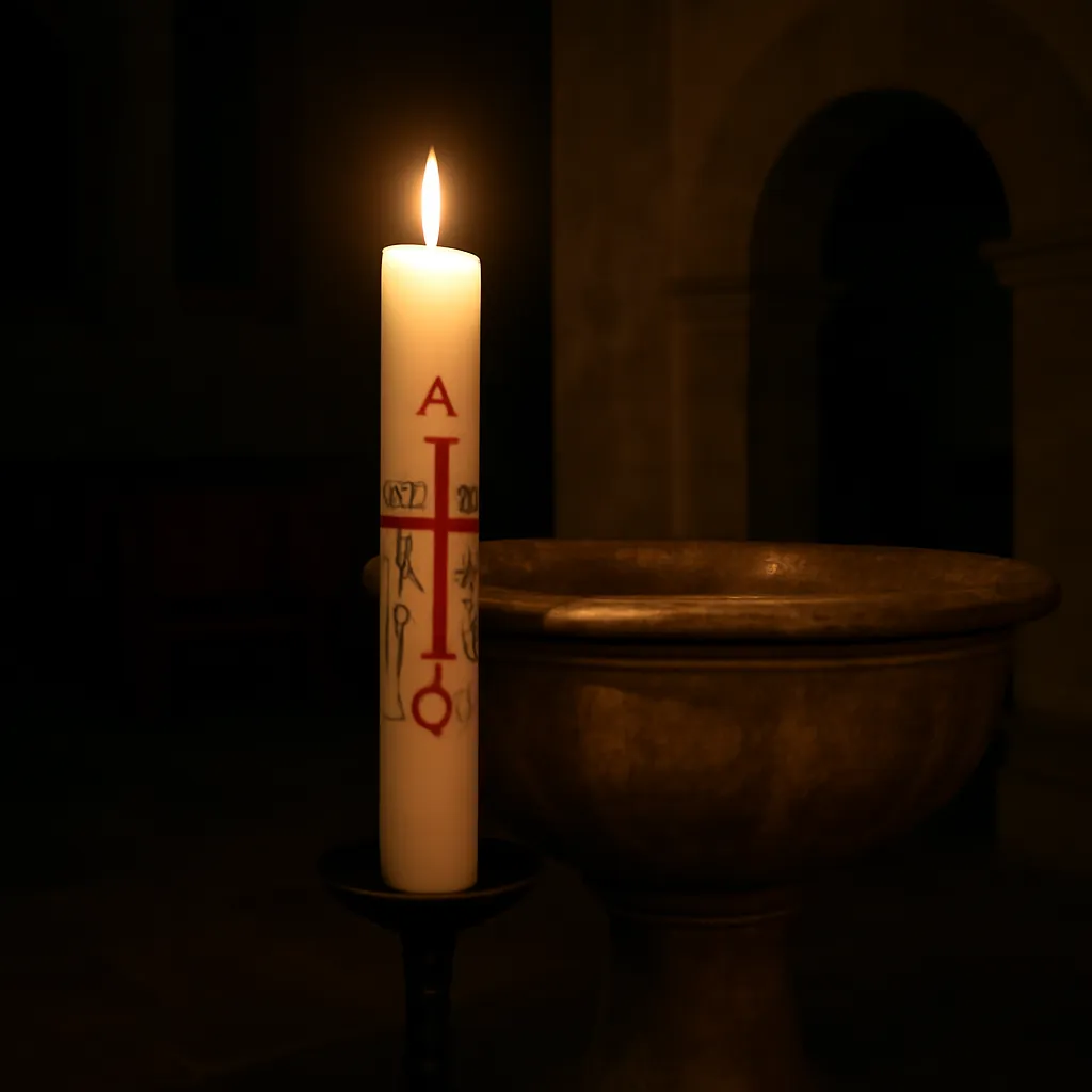 Cierge pascal allumé près des fonts baptismaux lors de la Vigile pascale dans une église savoyarde