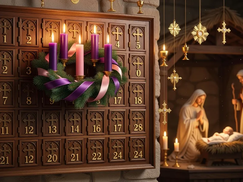 Calendrier liturgique catholique avec bougies de l'Avent et symboles du temps de l'Avent, préparation 2028